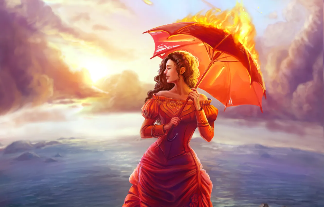 Фото обои море, девушка, тучи, лицо, зонтик, огонь, волосы, арт
