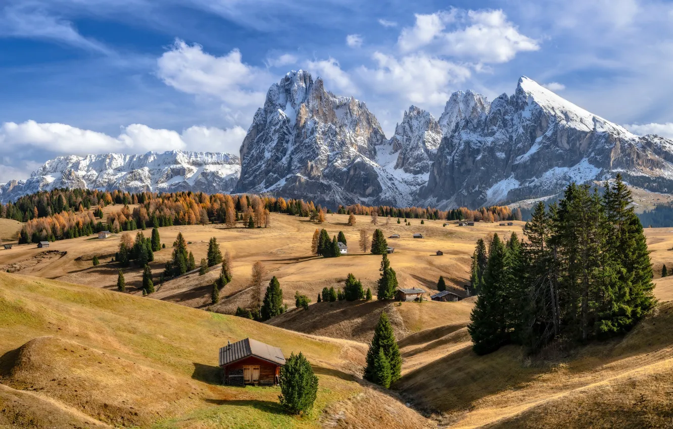 Фото обои осень, горы, Альпы, Италия, домик, Альпе-ди-Сьюзи