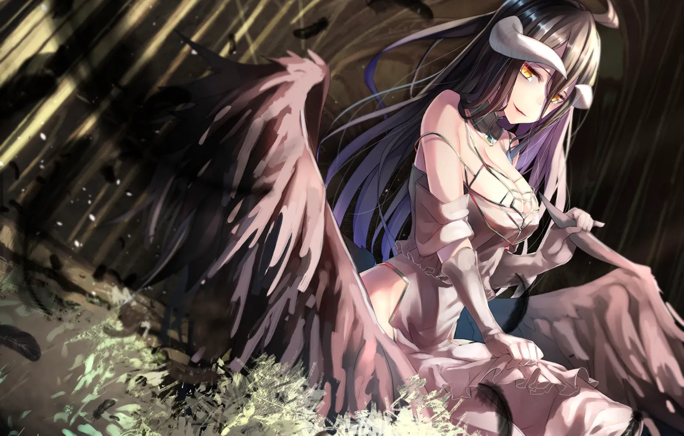 Фото обои девушка, крылья, рога, anime, art, albedo, overlord