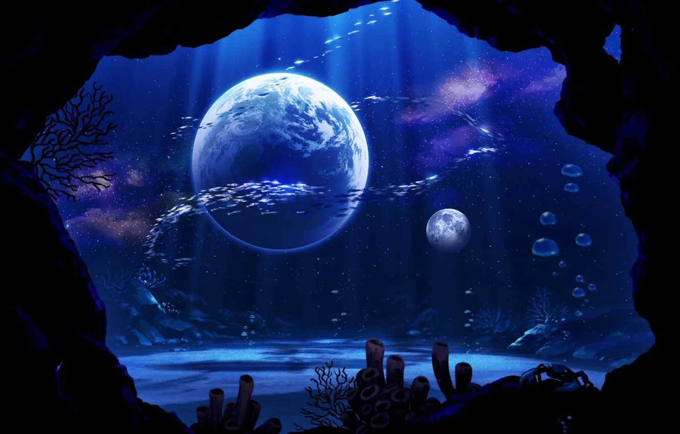 Фото обои рыбы, фантастика, планеты, краб, кораллы, арт, подводный мир, technoheart