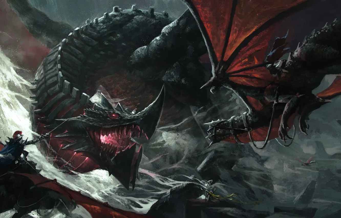 Фото обои драконы, бой, арт, маг, битва, схватка