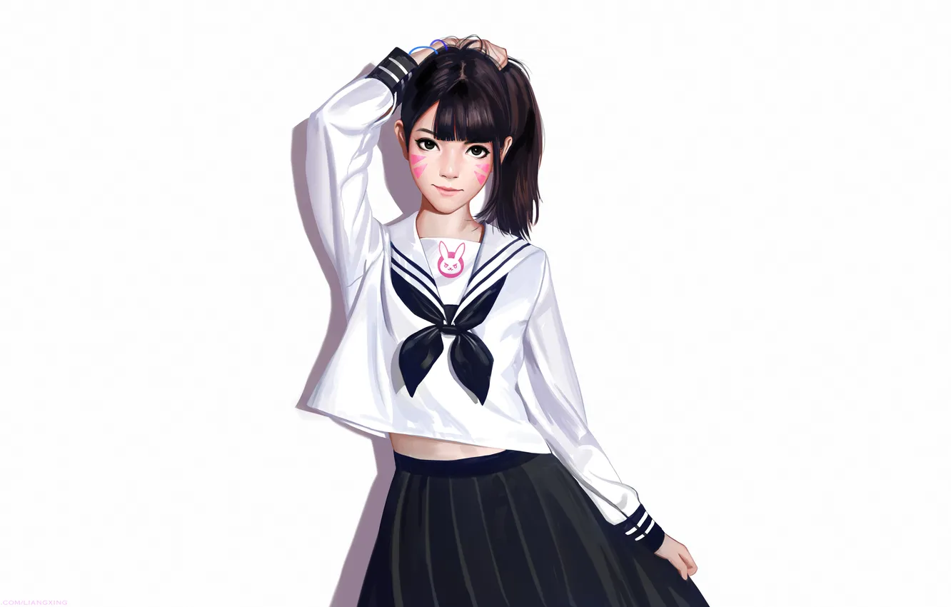 Фото обои Asian, ponytail, brunette, smiling, bangs, looking at viewer, video game characters, D.Va (Overwatch)