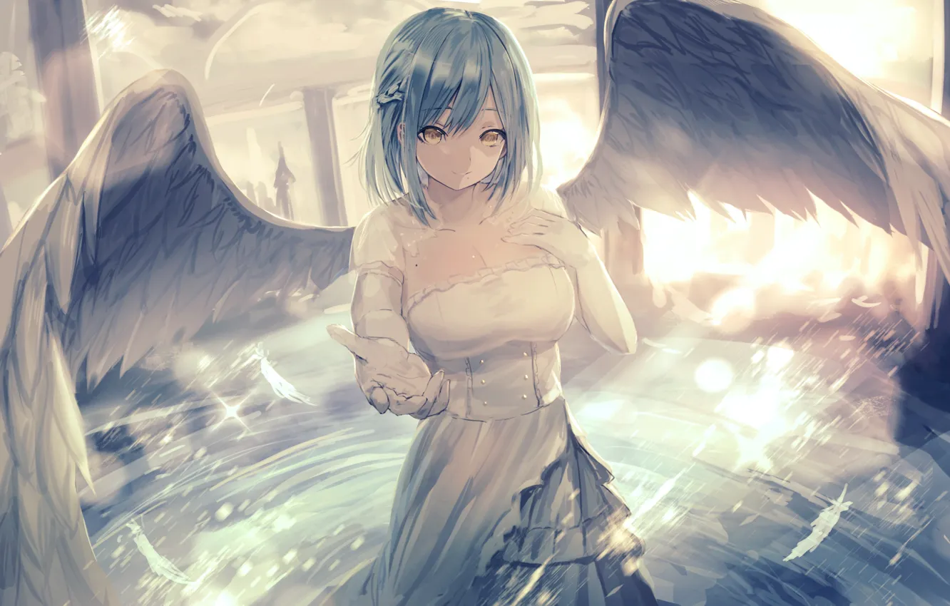 Фото обои декольте, корсет, белое платье, жест, голубые волосы, angel, вытянула правую руку, белые крылья