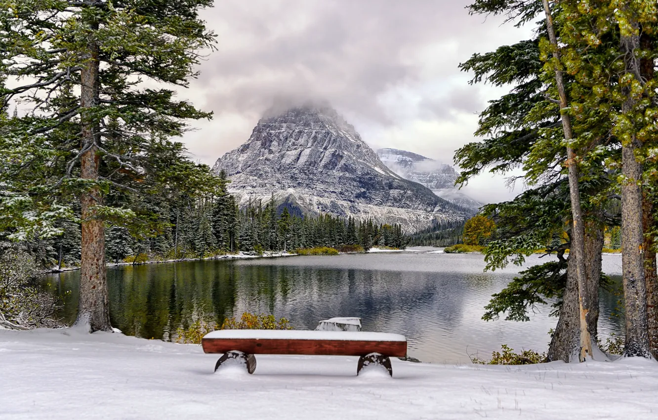 Фото обои зима, снег, деревья, горы, озеро, парк, скамья