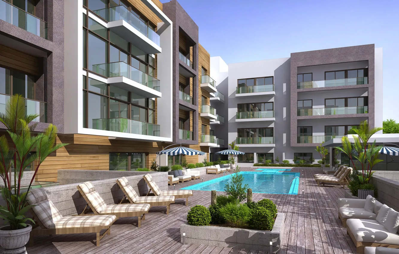 Фото обои здания, бассейн, swimming pool, modern apartment, dharwarwala pool