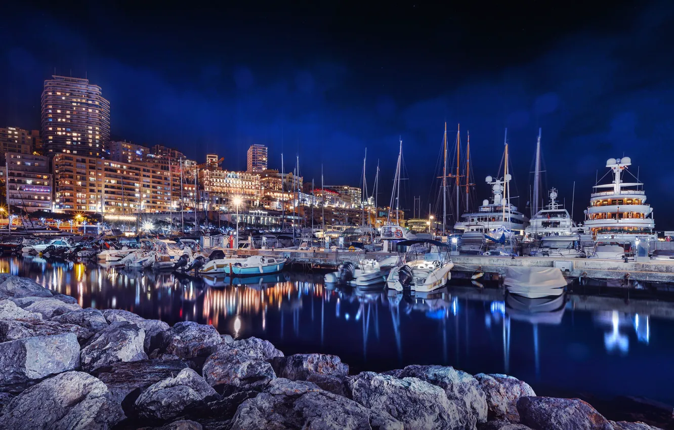 Фото обои здания, дома, яхты, ночной город, катера, Monaco, гавань, Монако