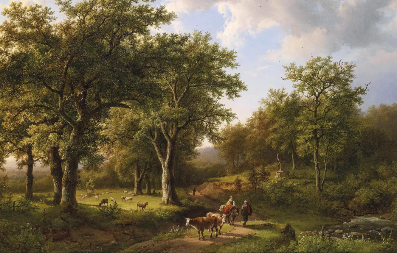 Фото обои картина, живопись, painting, 1857, Barend Cornelis Koekkoek, Waldlandschaft mit hirten und vieh