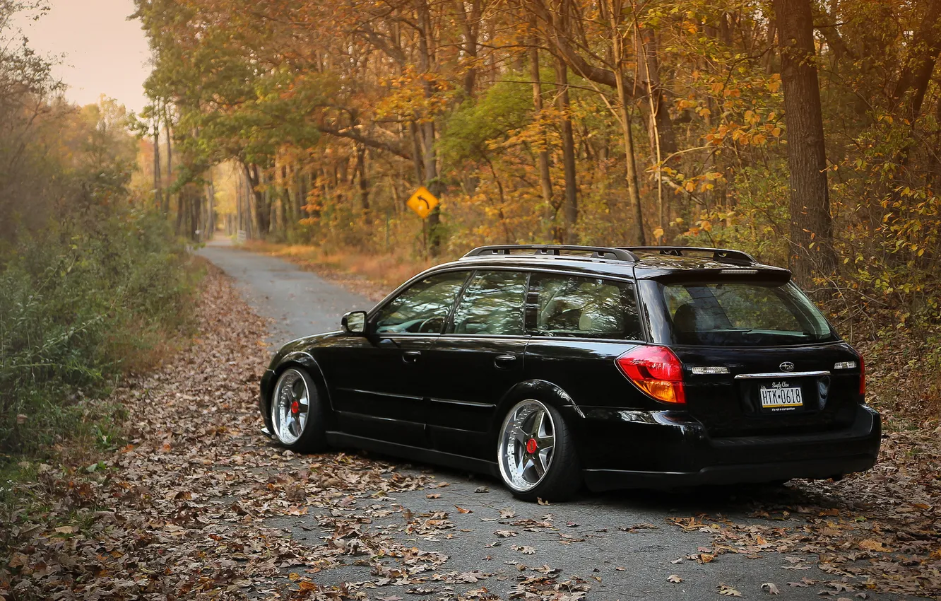 Фото обои осень, листва, Subaru, профиль, black, субару, stance, Outback