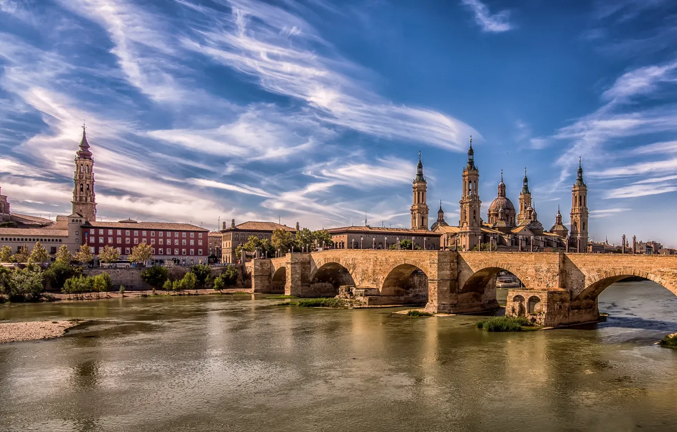 Фото обои мост, город, башни, Испания, Сарагоса