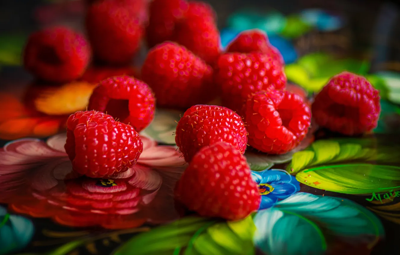 Фото обои макро, ягоды, малина, поднос
