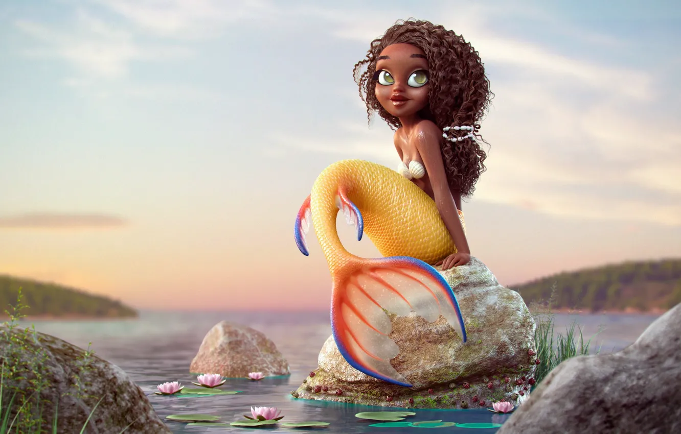 Фото обои настроение, берег, камень, арт, цветочки, русалочка, Mermaid, Nicolas Santos