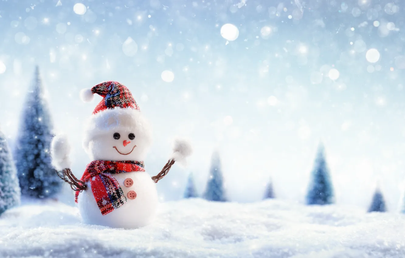 Фото обои зима, лес, снег, улыбка, праздник, игрушка, шарф, Рождество