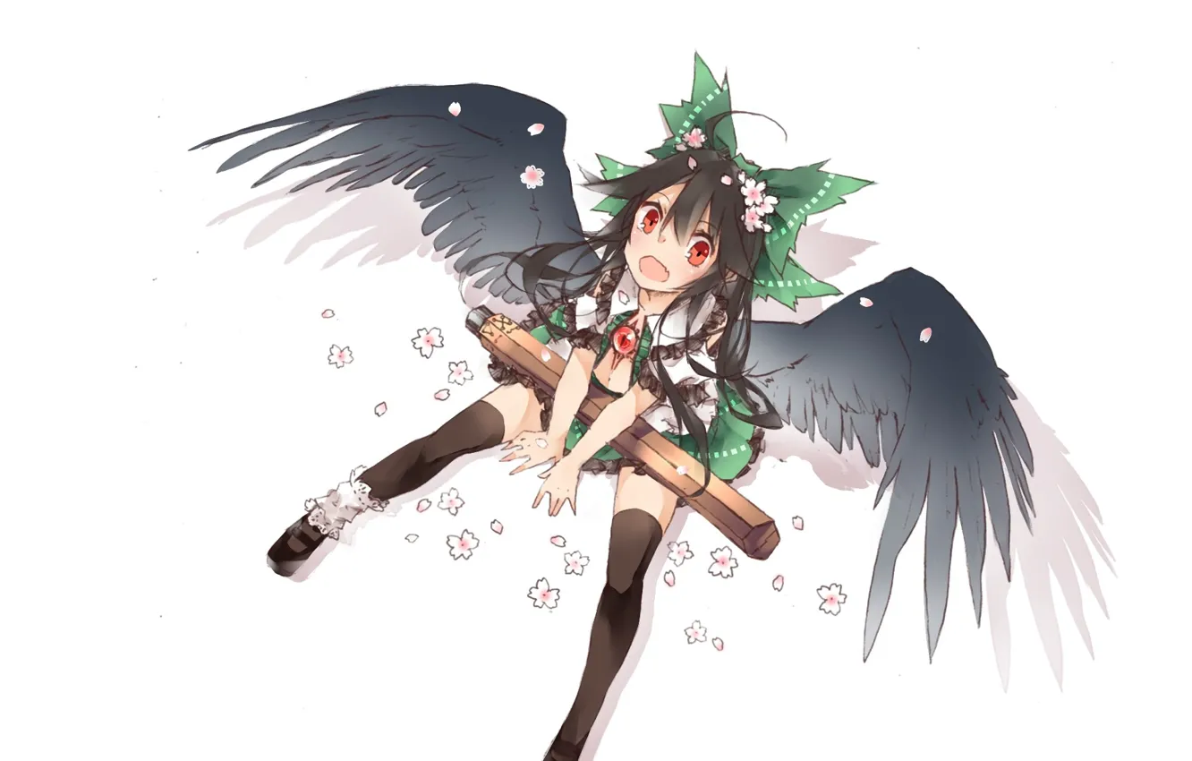 Фото обои тень, белый фон, цветочки, touhou, черные чулки, третий глаз, смотрит вверх, Reiuji Utsuho