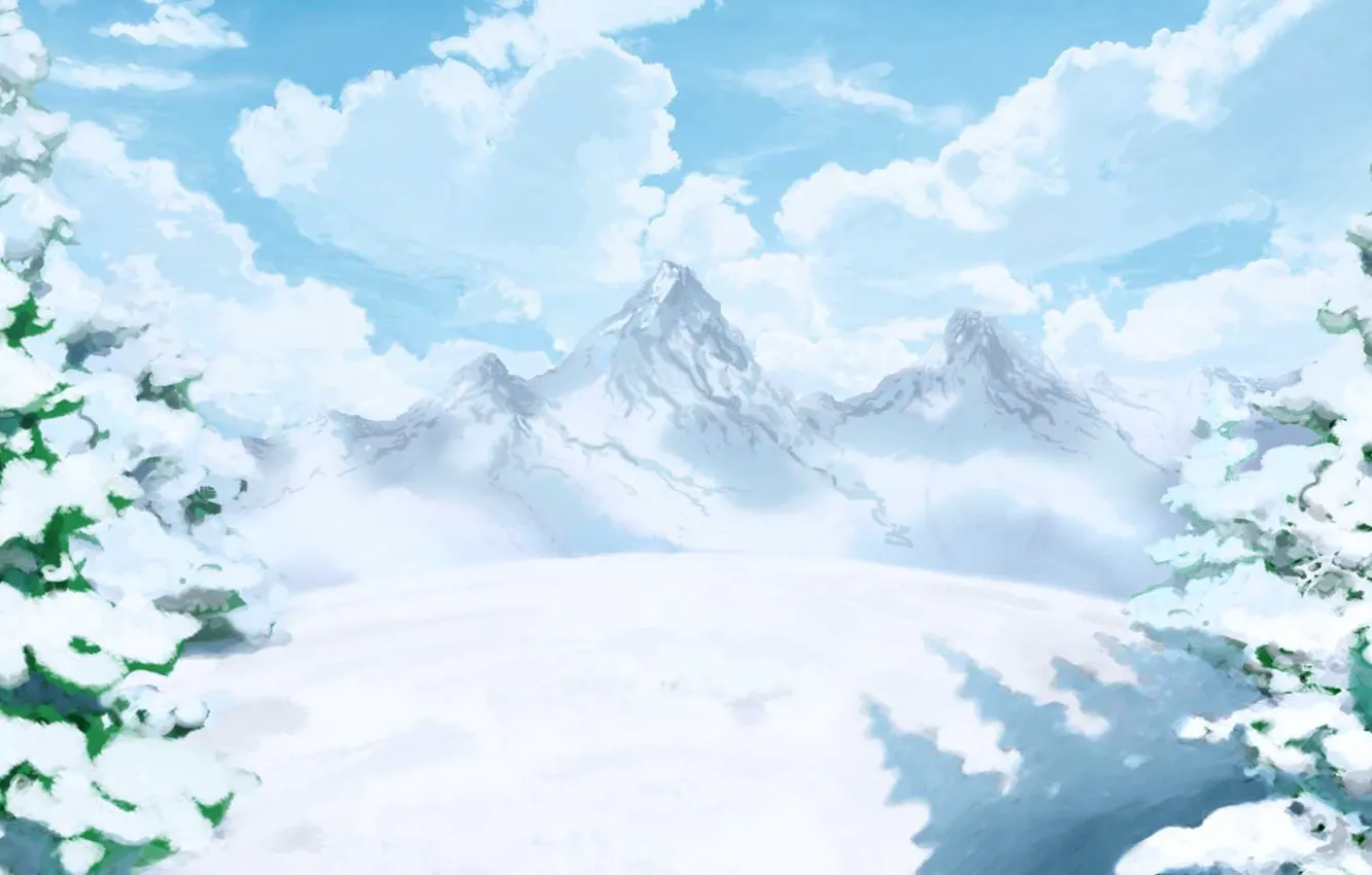Фото обои зима, облака, снег, деревья, горы, арт