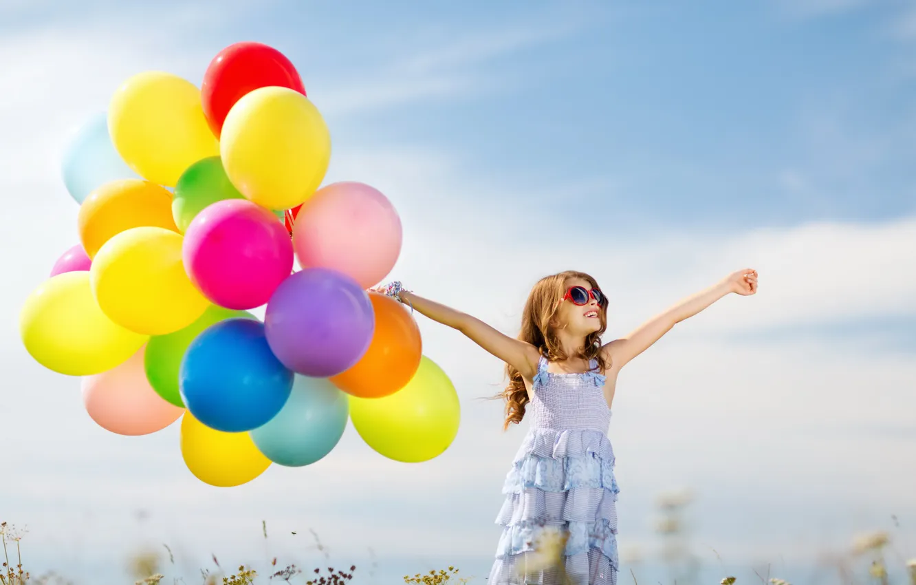 Фото обои шарики, радость, счастье, воздушные шары, colorful, девочка, girl, happy