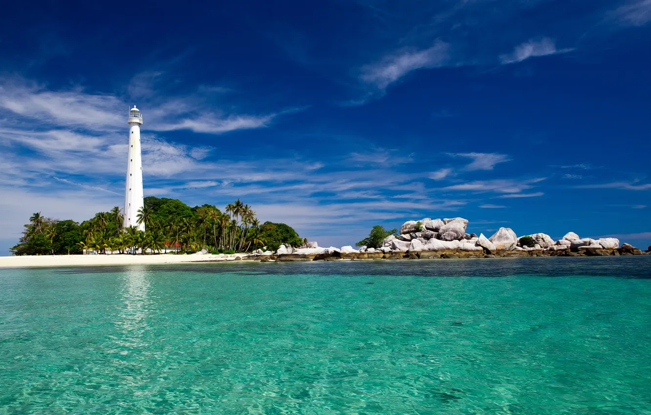 Фото обои песок, камни, пальмы, океан, маяк, остров