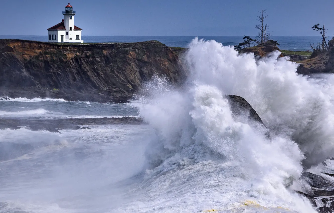 Фото обои море, брызги, шторм, дом, скалы, маяк