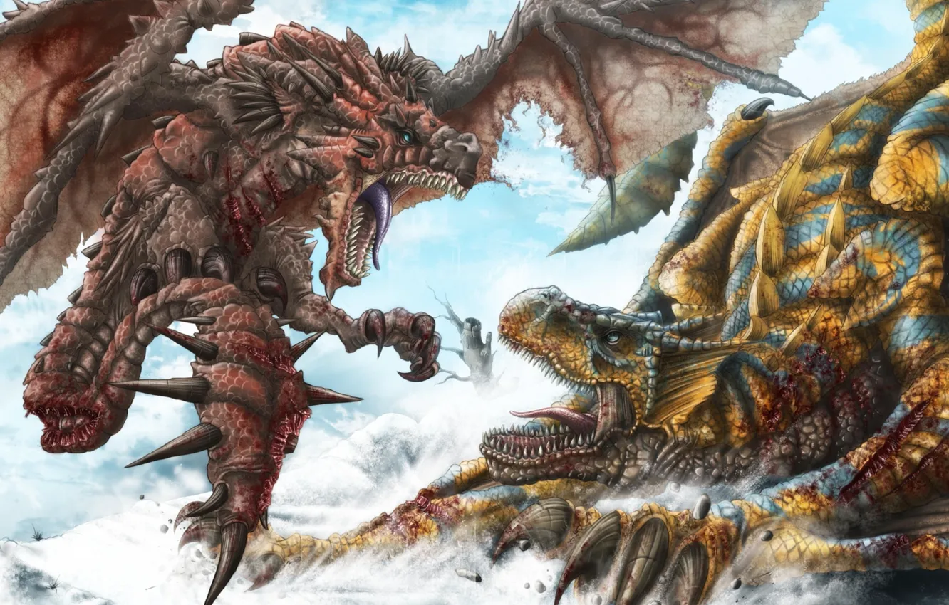 Фото обои снег, кровь, драконы, арт, шипы, пасть, битва, раны
