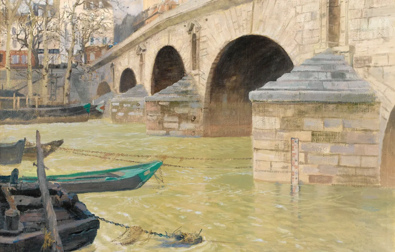 Фото обои река, дома, картина, городской пейзаж, Фриц Таулов, Frits Thaulow, Мост Мари. Париж