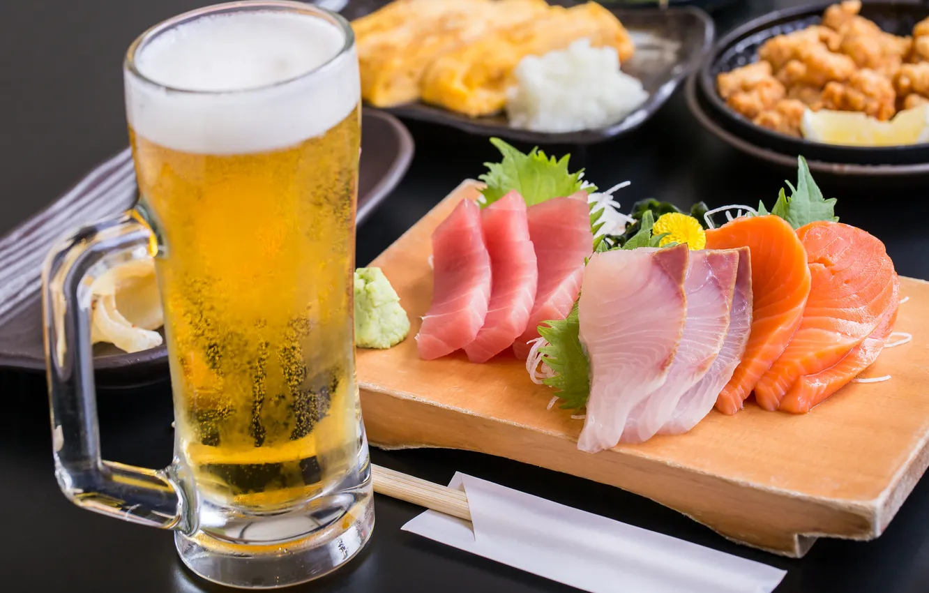 Фото обои summer, japan, food, beer, fish, japanese, pub, seafood