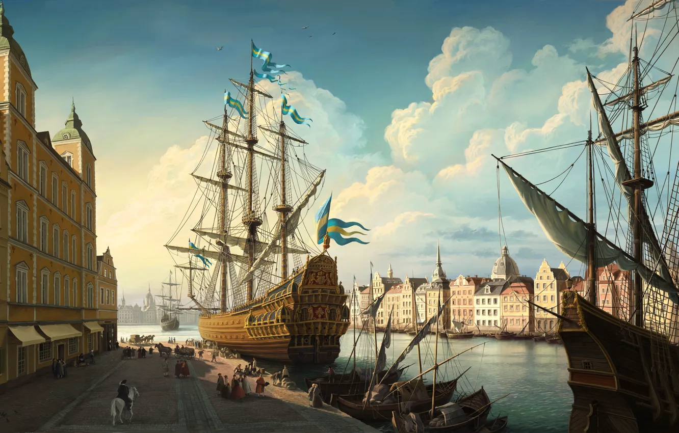 Фото обои облака, река, рисунок, парусник, Корабль