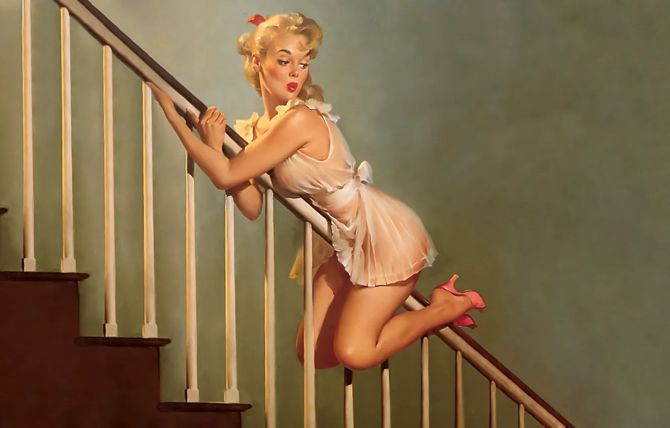 Фото обои спуск, пеньюар, блондинка, лестница, перила, art, pin-up, Gil Elvgren
