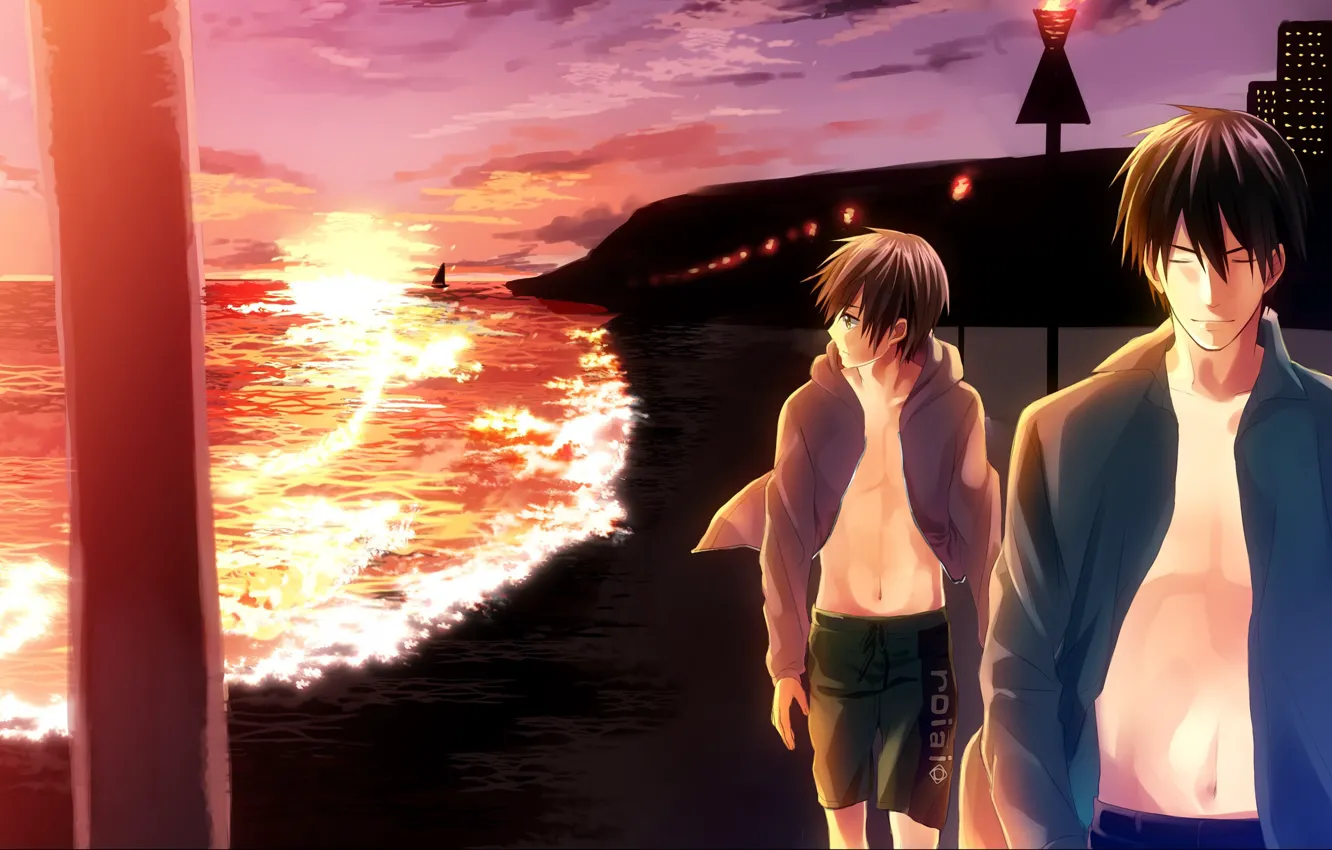 Фото обои море, закат, аниме, арт, прогулка, парни, Sekai ichi Hatsukoi