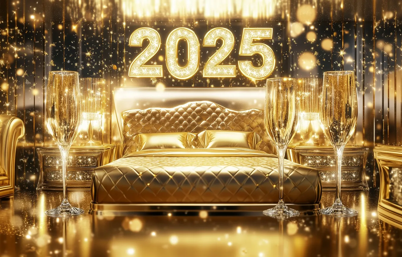Фото обои золото, постель, digital art, цифровое искусство, С Новым Годом!, 2025, ИИ арт, Stability AI
