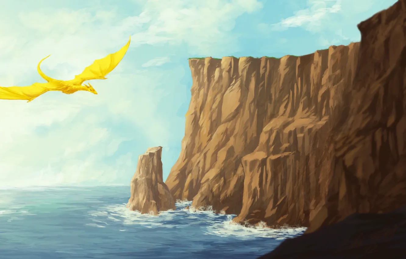 Фото обои море, скалы, дракон, рисунок, фэнтези, арт
