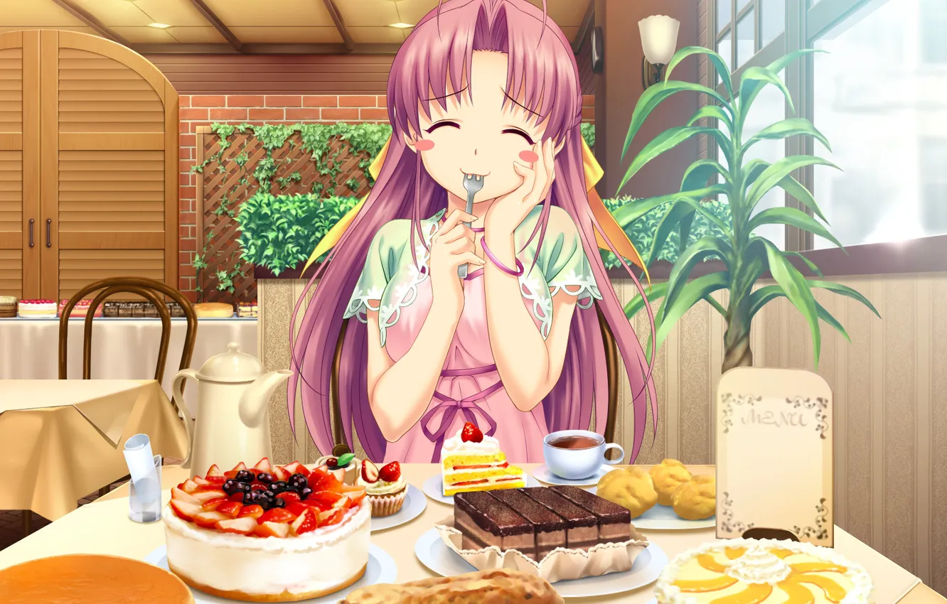 Фото обои девушка, настроение, чай, аниме, чайник, кафе, пирожное, тортик