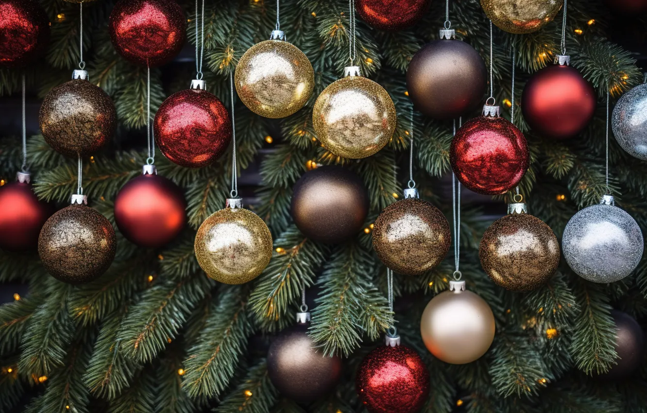 Фото обои фон, шары, елка, Новый Год, Рождество, red, golden, new year