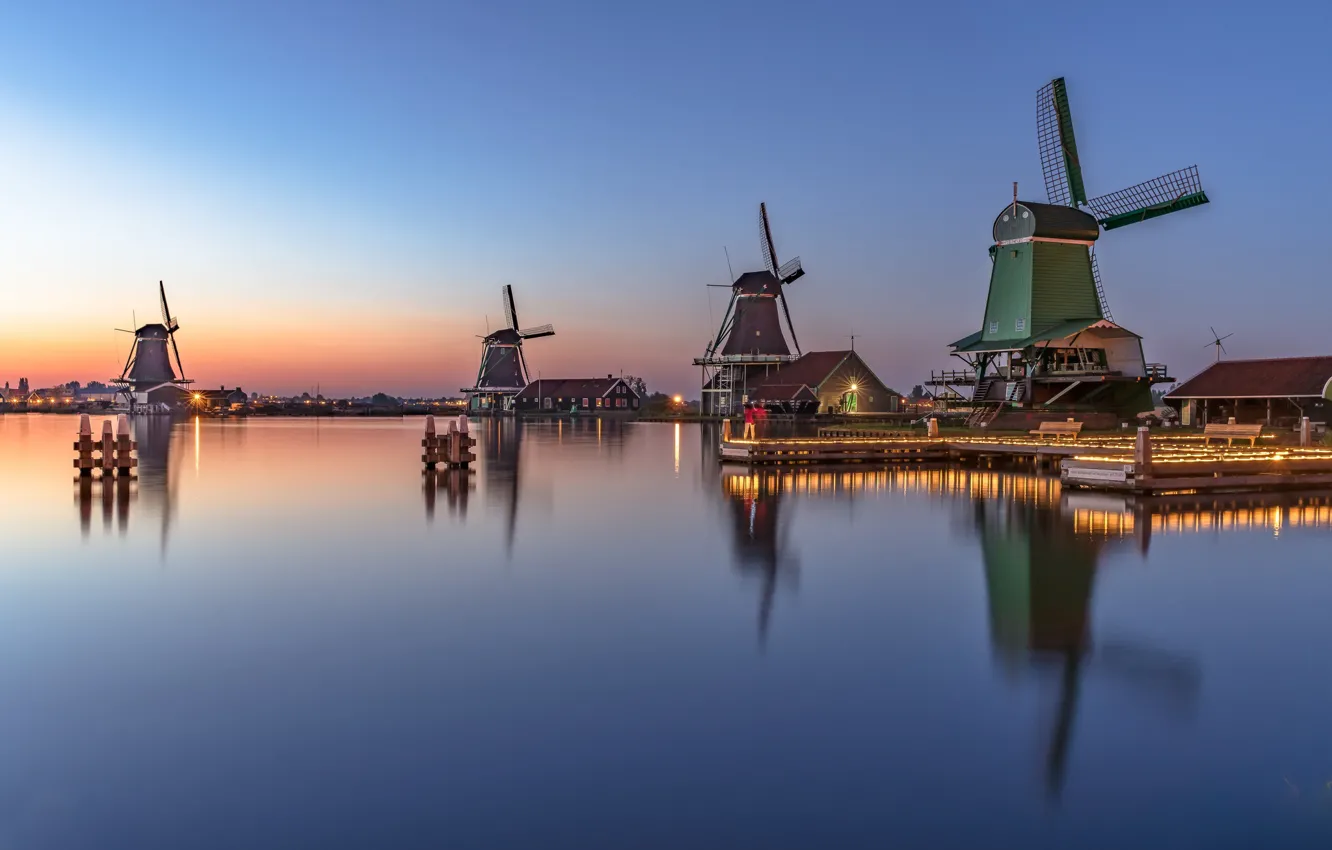 Фото обои огни, вечер, мельницы, Нидерланды, Голландия, Zaanse Schans