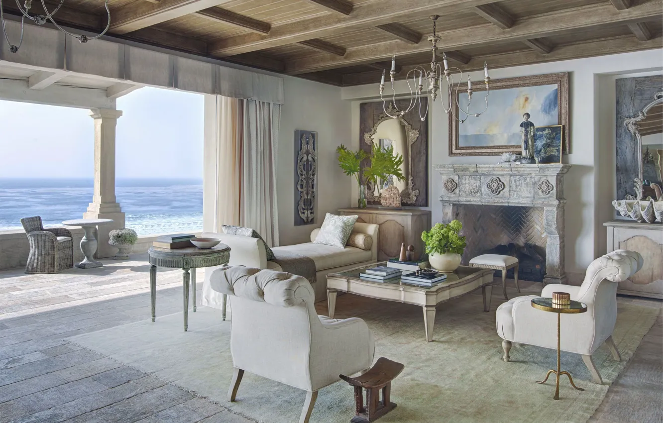 Фото обои интерьер, камин, терраса, гостиная