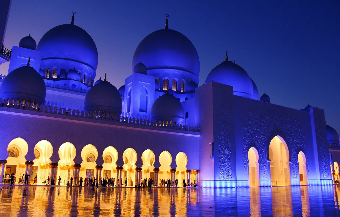 Фото обои город, вечер, мечеть, архитектура, религия, ОАЭ, купола, Мечеть шейха Зайда
