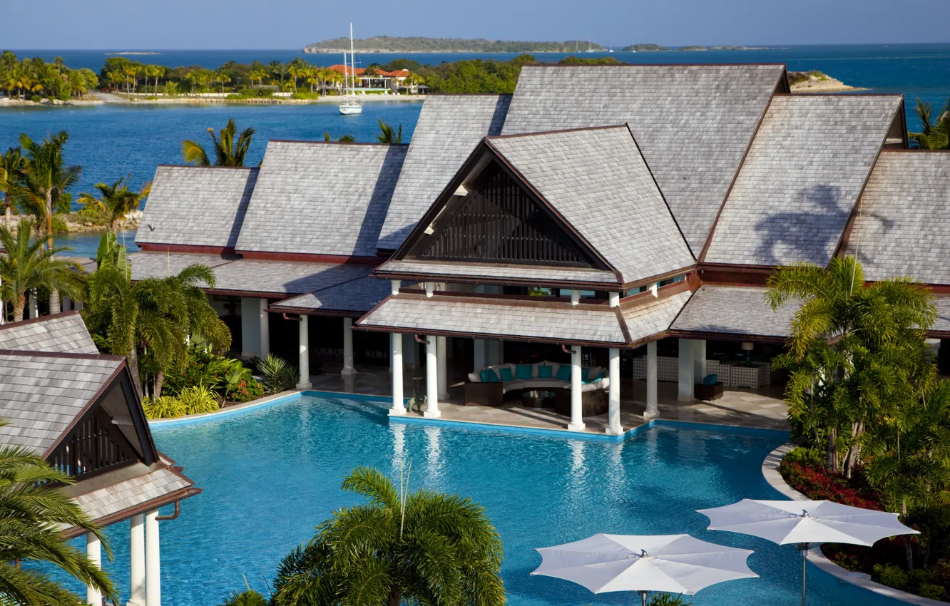Фото обои тропики, пальмы, океан, побережье, вилла, бассейн, отель, курорт