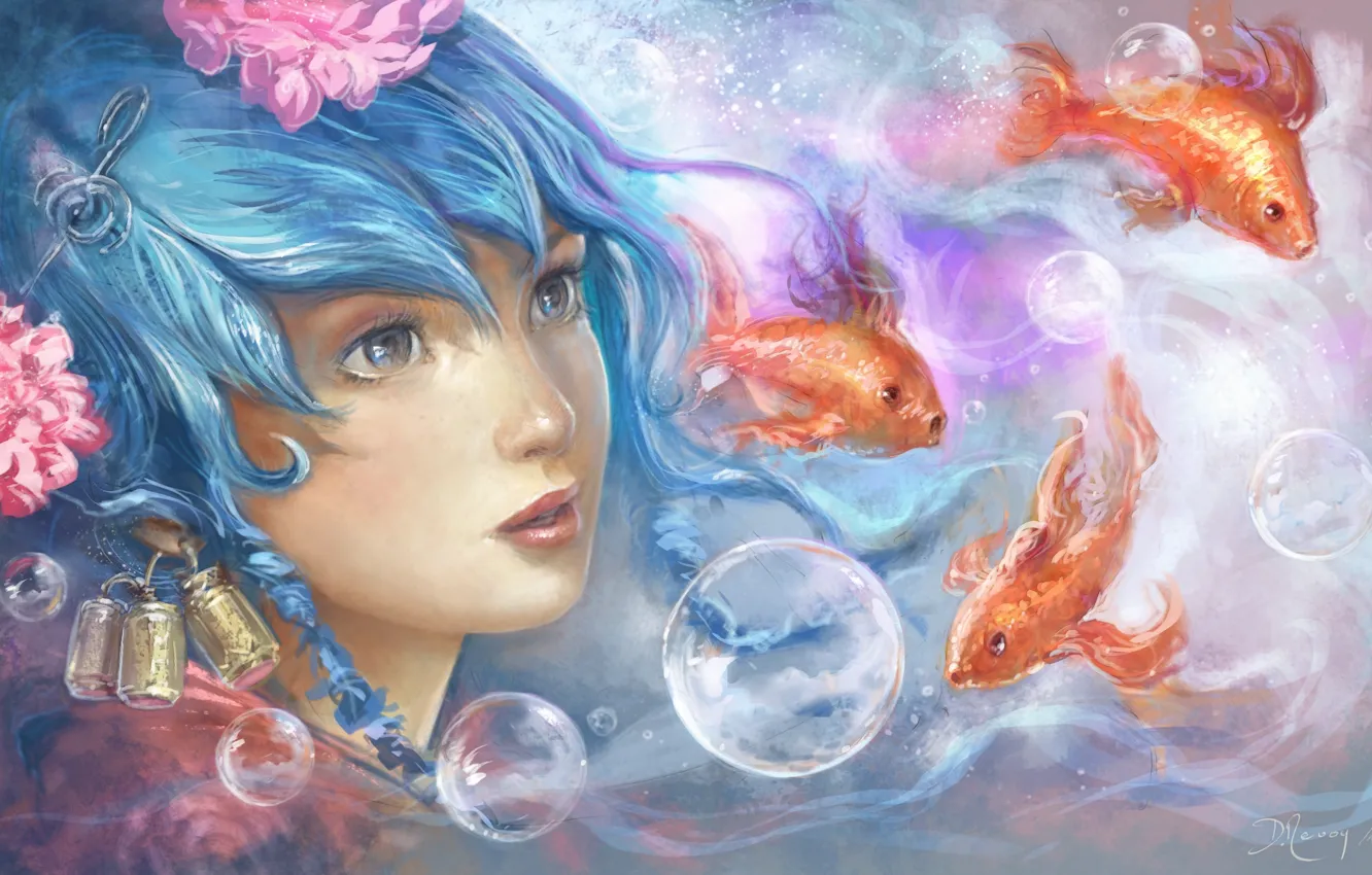 Фото обои глаза, взгляд, вода, девушка, рыбки, пузырьки, арт, живопись
