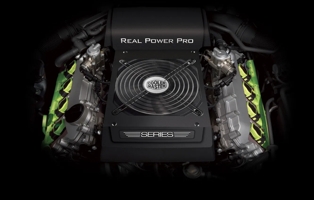Фото обои двигатель, amd, cooler master, блок питания, real power pro