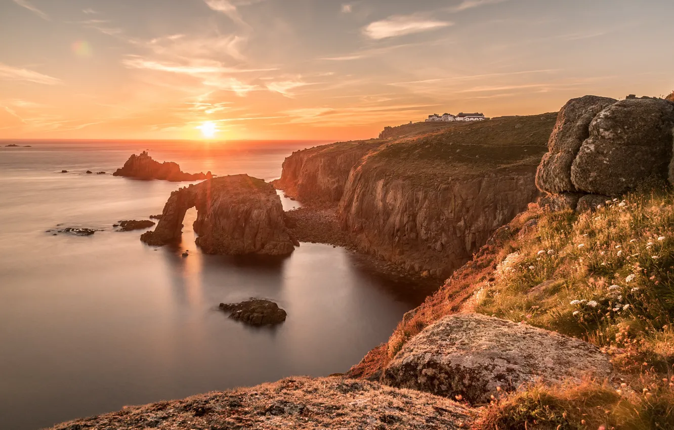 Фото обои закат, побережье, Англия, Cornwall, Enys Dodnan Arch