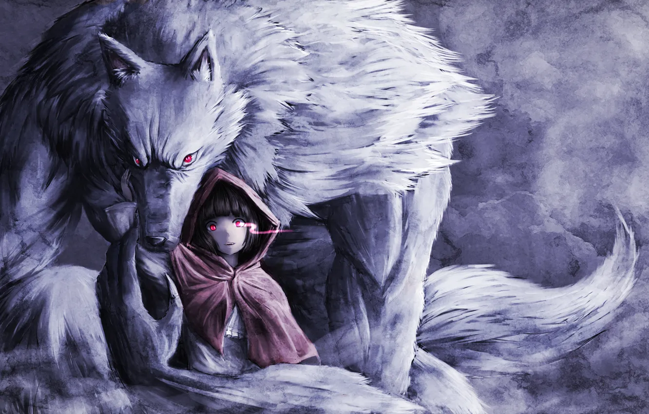 Фото обои волк, красная шапочка, арт, девочка, плащ, красные глаза, namacotan