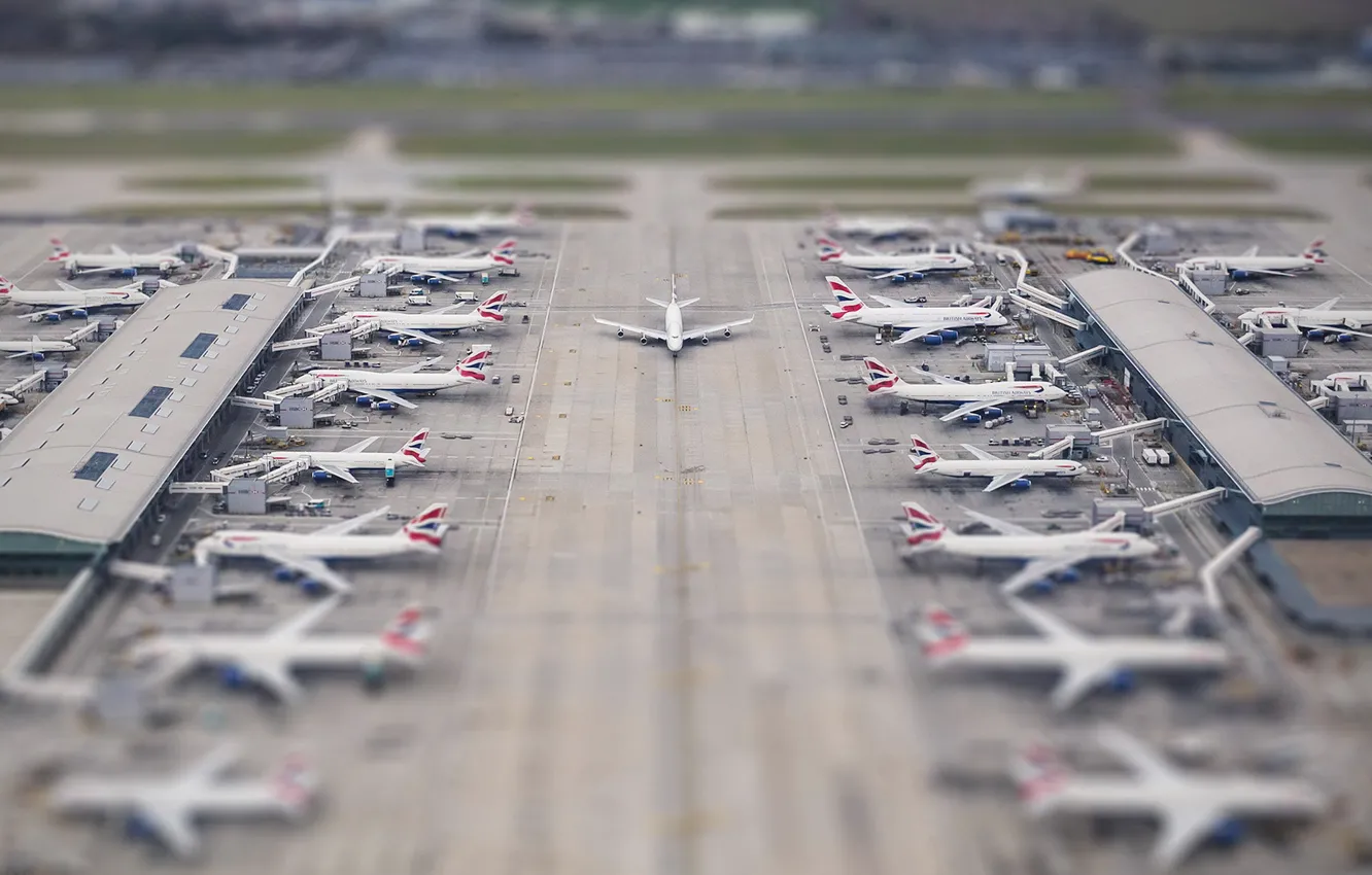 Фото обои airplane, tilt-shift, diorama, Heathrow, illusion, terminal
