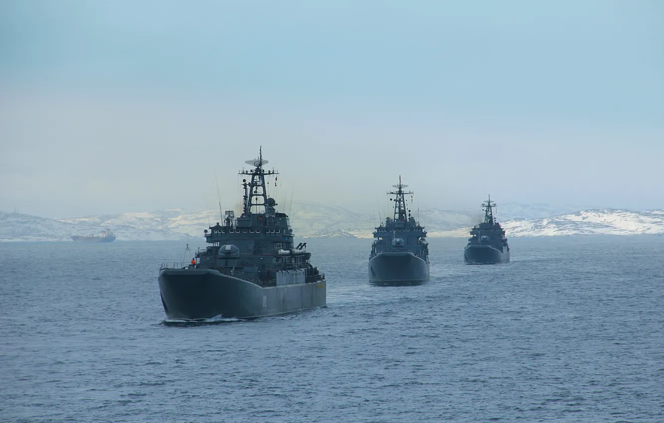 Фото обои корабли, учения, десантные, проект 775, кильватер