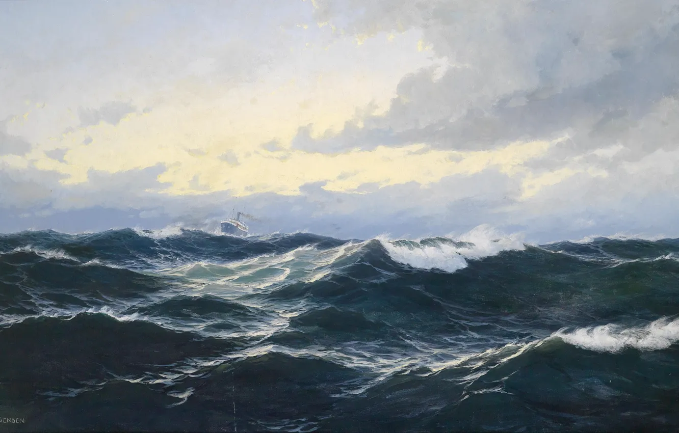 Фото обои море, волны, ветер, корабль, горизонт, маринист