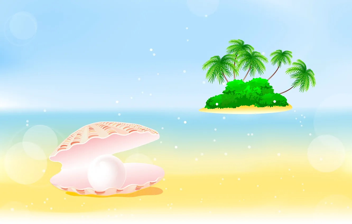 Фото обои море, пальмы, остров, ракушка, кусты, pearl, bushes, palm trees