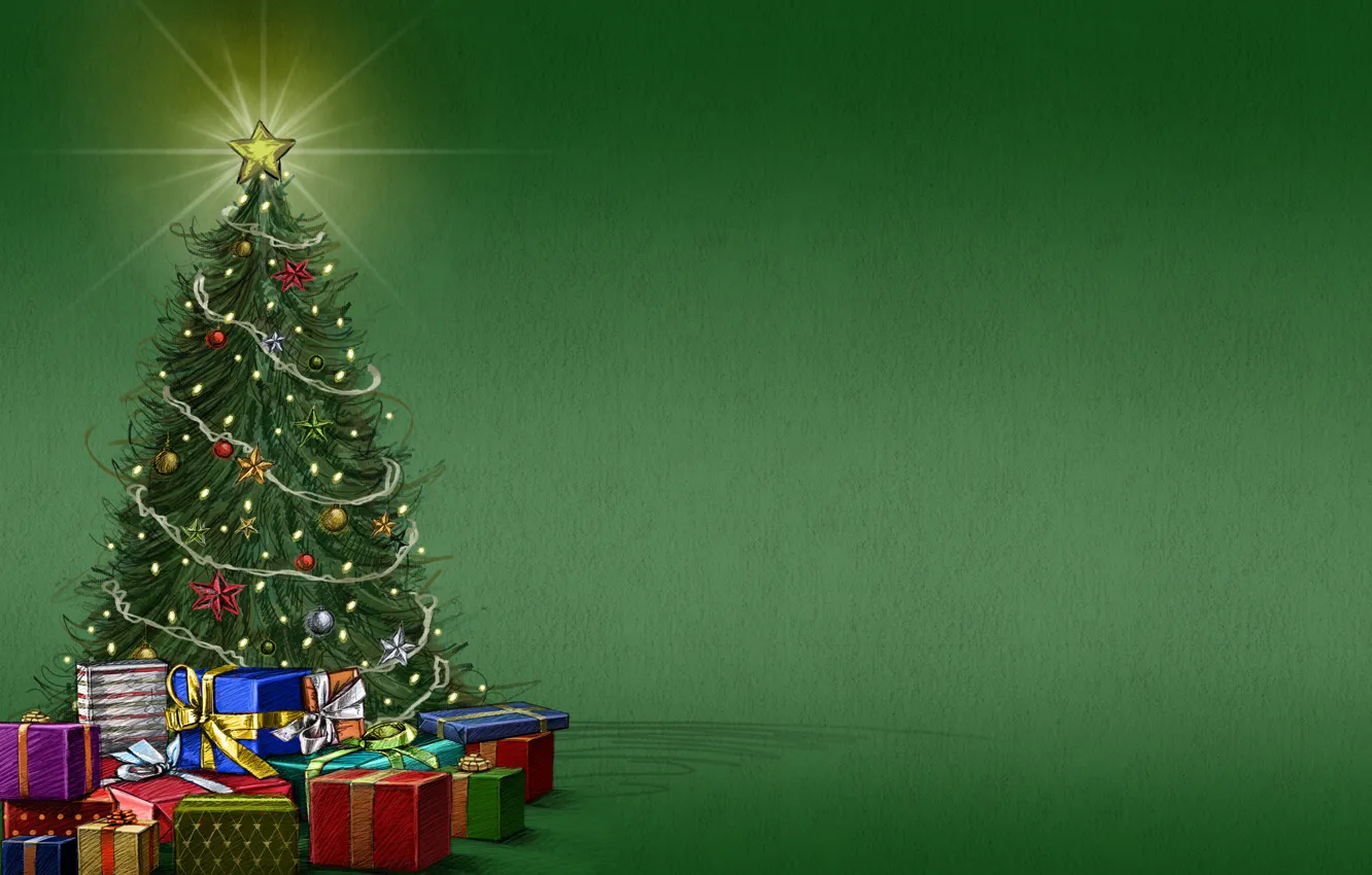Фото обои фон, настроение, праздник, звезда, елка, подарки