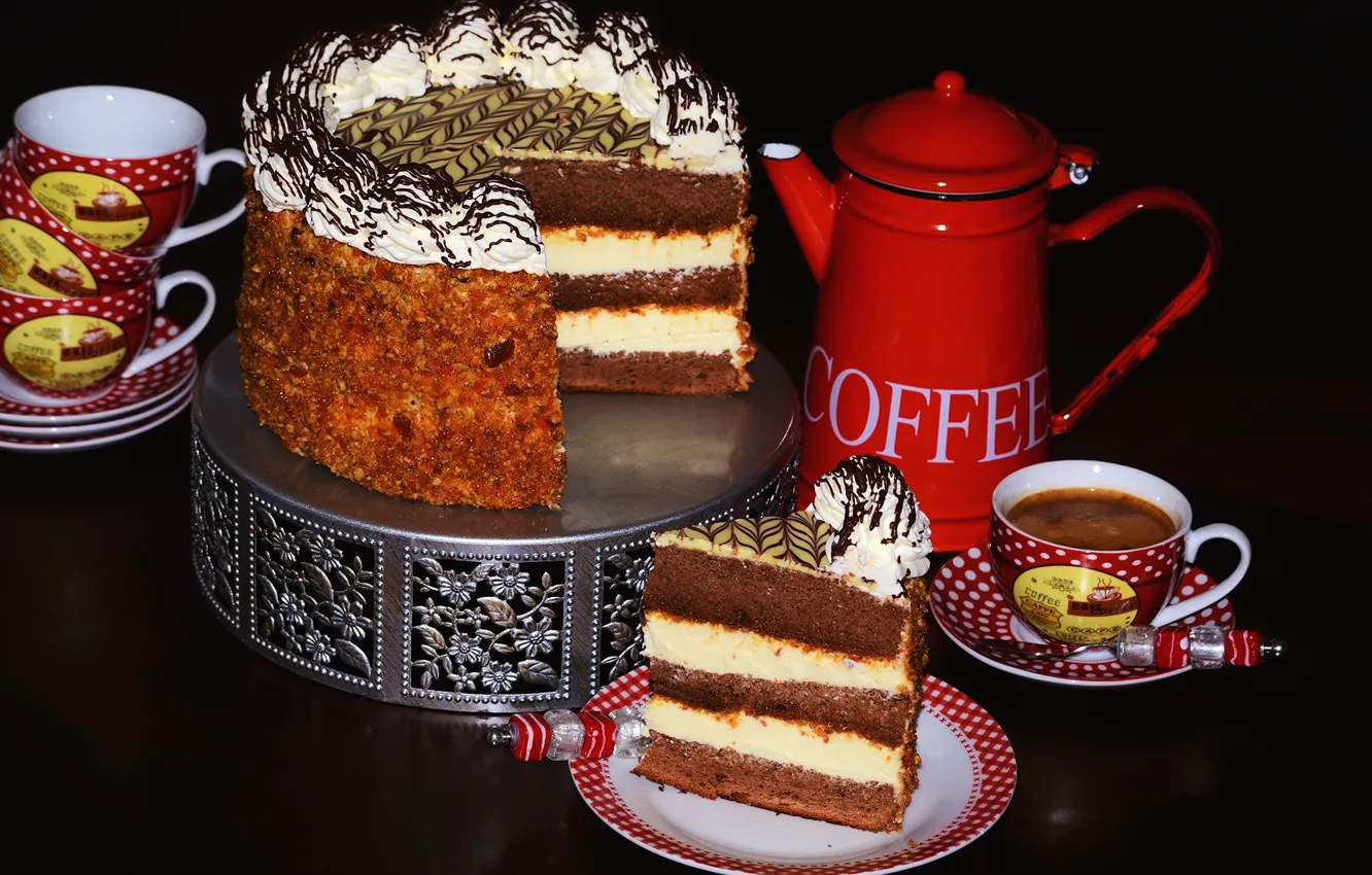 Фото обои кофе, торт, крем, кусок