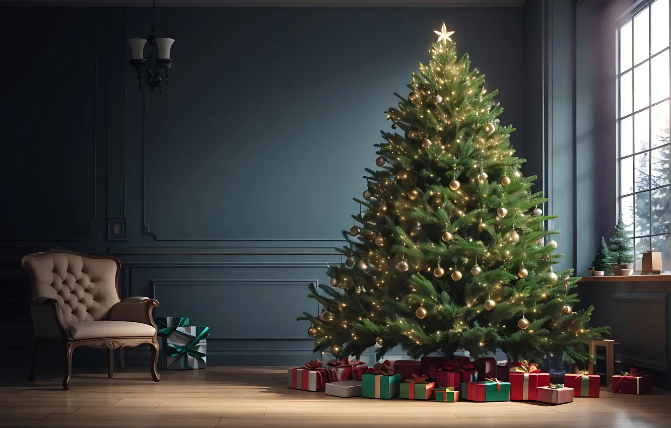 Фото обои украшения, комната, елка, интерьер, Рождество, подарки, Новый год, Christmas
