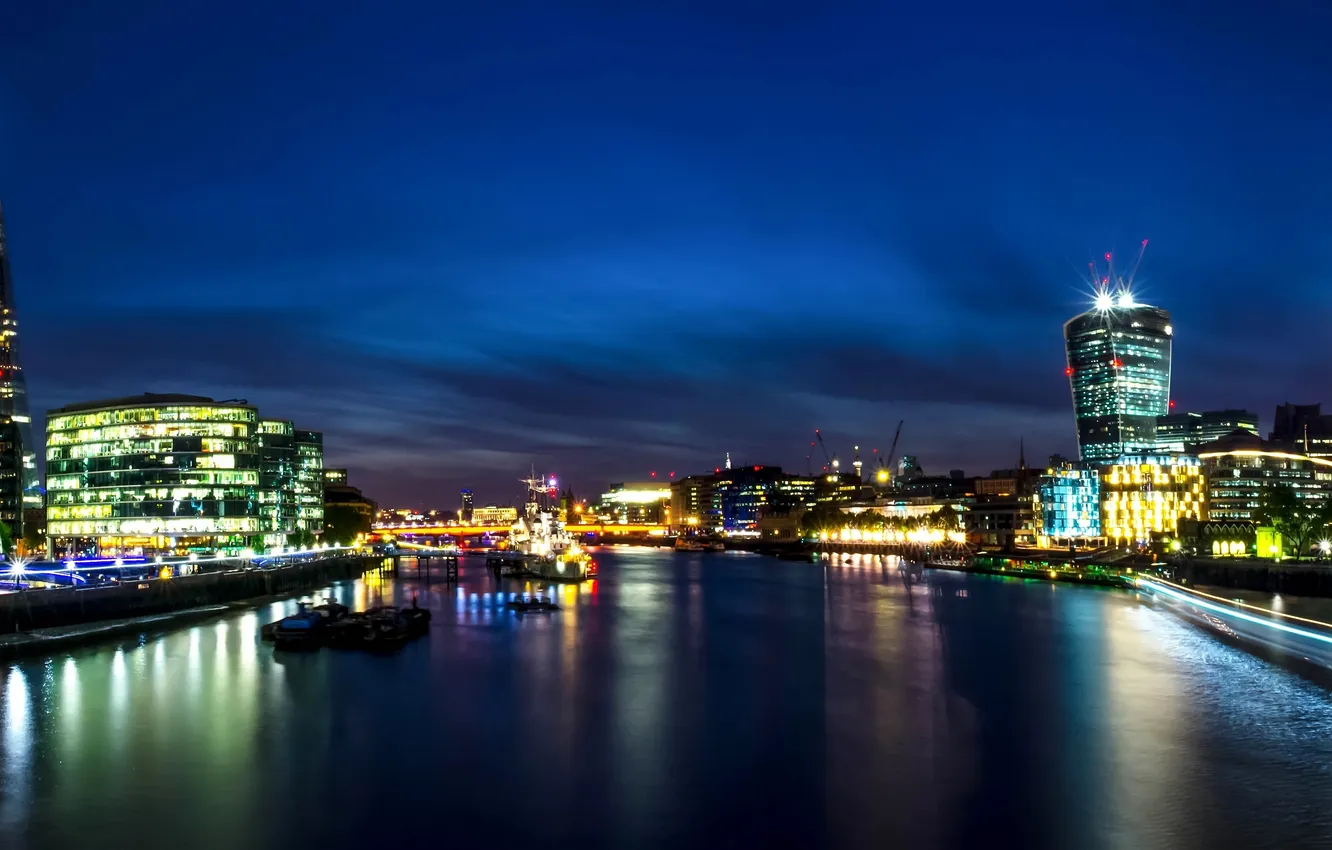 Фото обои река, Англия, Лондон, панорама, Великобритания, Темза, ночной город, набережная
