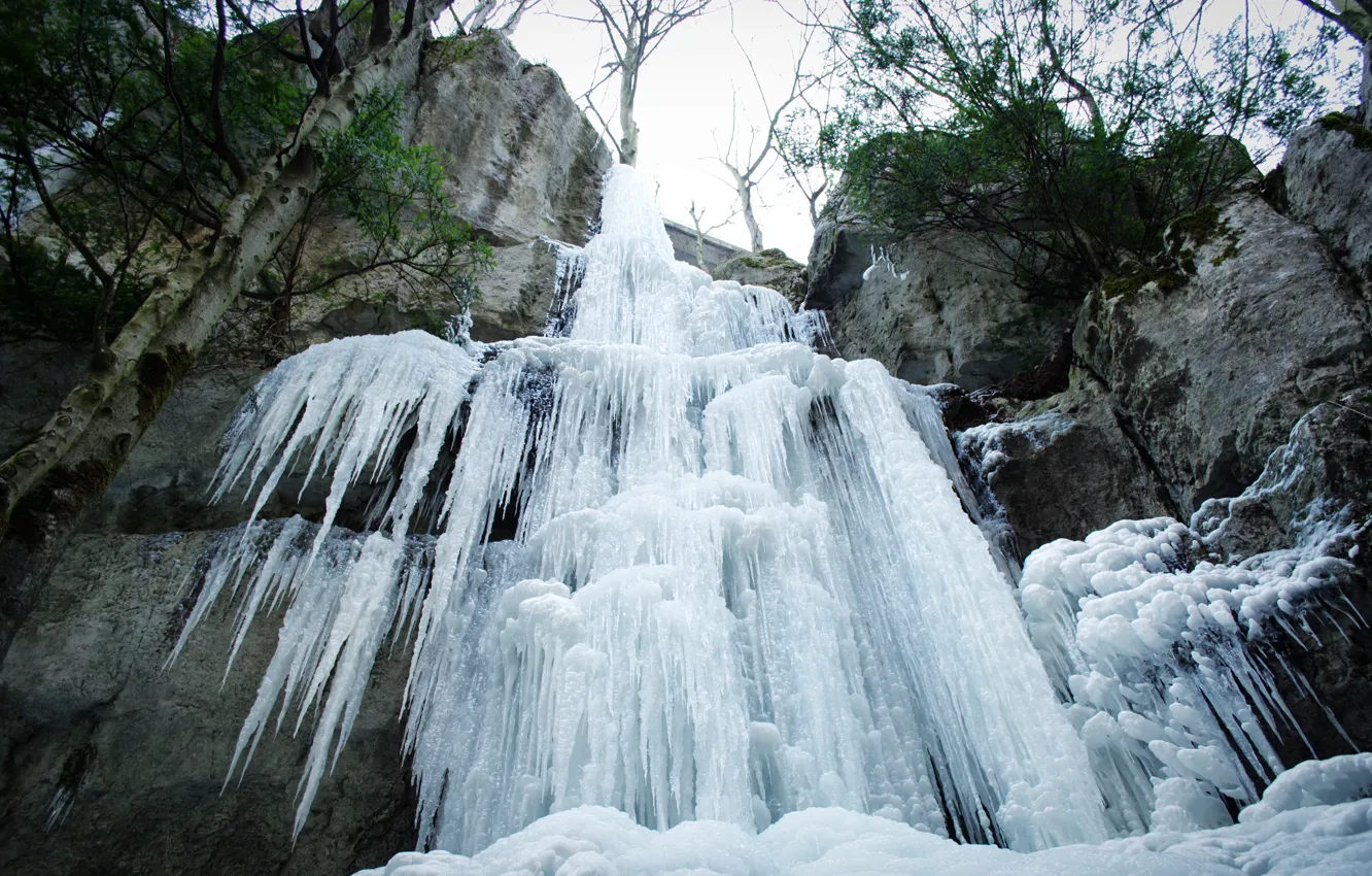 Фото обои зима, скалы, водопад, лёд, Nature, winter, waterfall, frozen