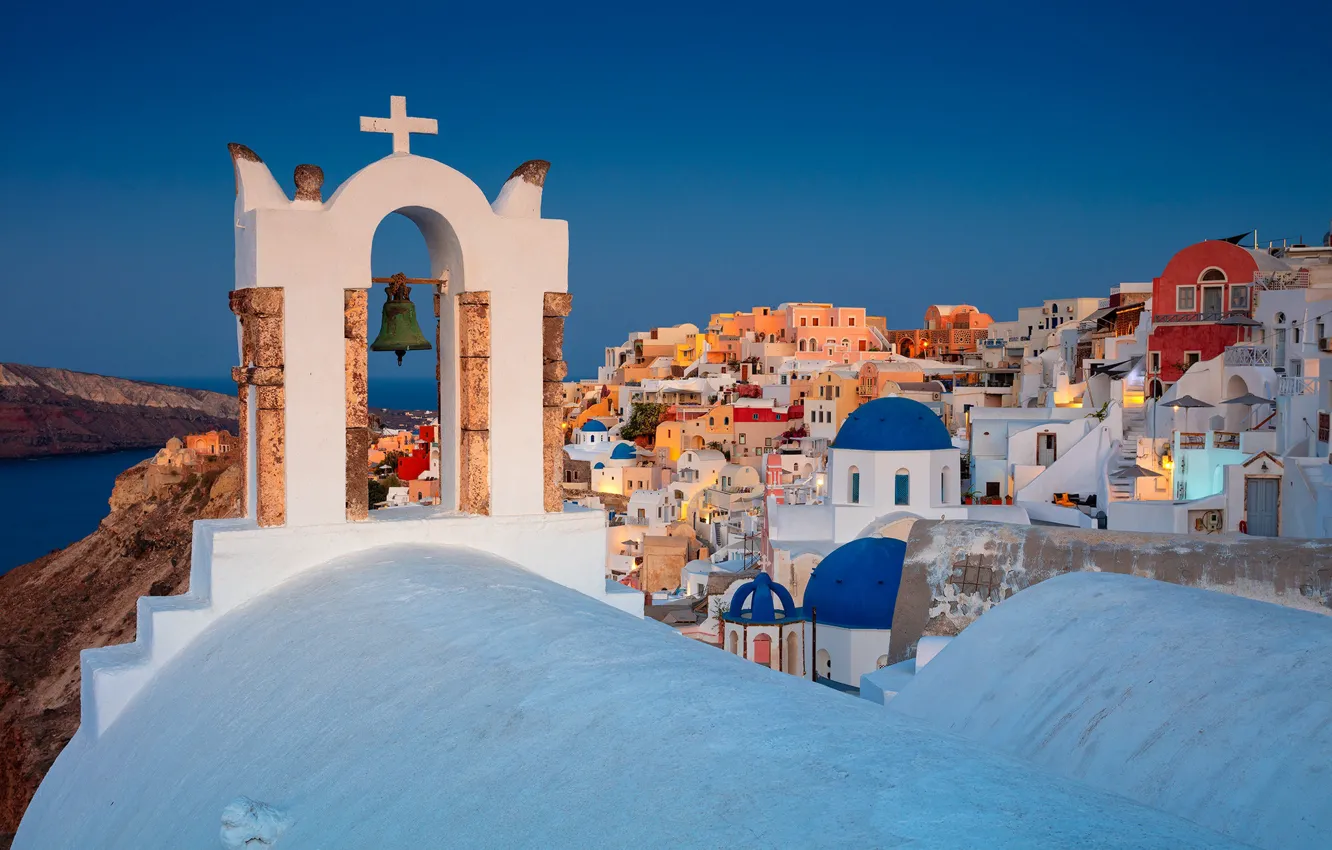 Фото обои здания, дома, Санторини, Греция, церковь, колокол, Santorini, Oia
