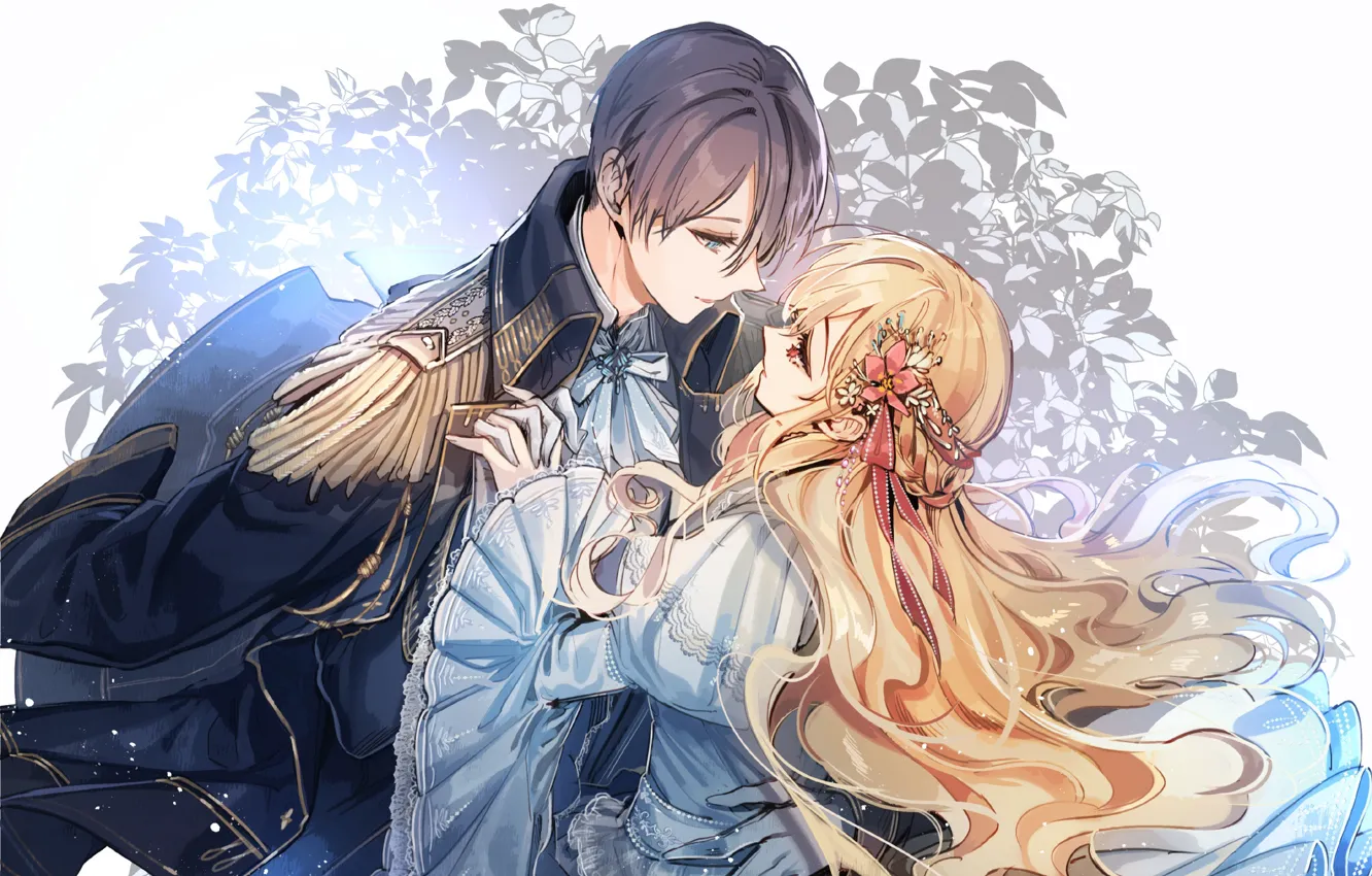 Фото обои улыбка, танец, перчатки, длинные волосы, военная форма, цветок в волосах, голубое платье, эполет